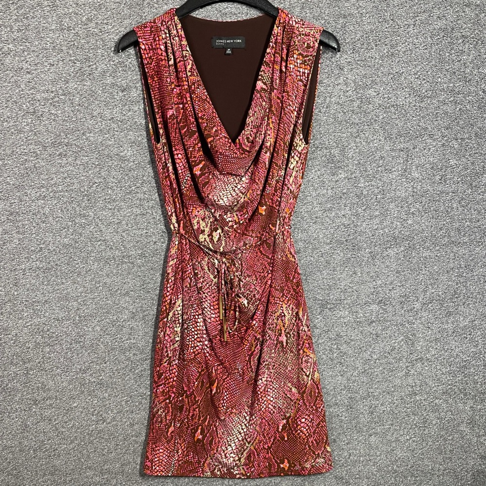 Jones New York Dress 2P Pink‎ Snakeskin Cowl Neck Sleeveless Belted